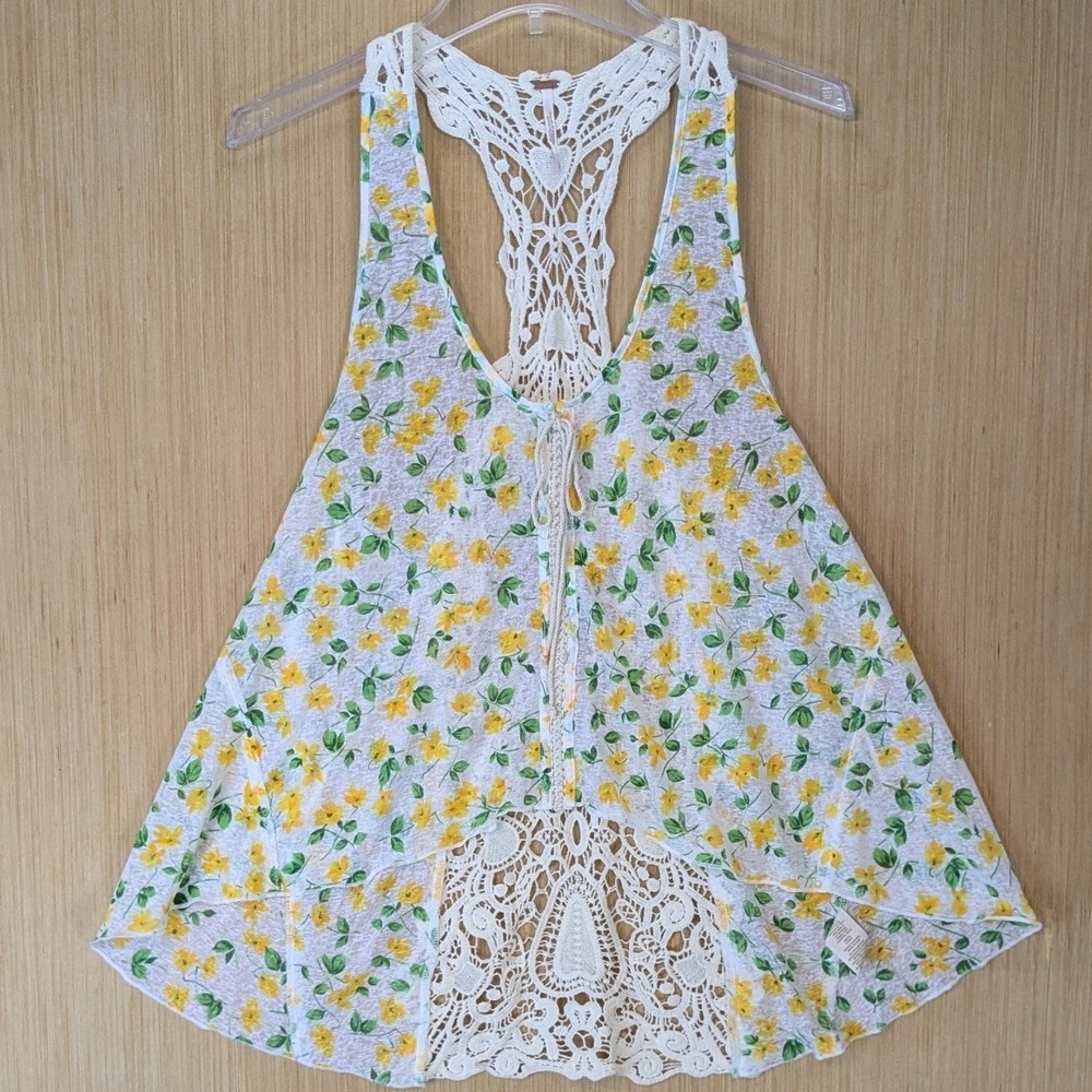 Free People Boho Cottage Fairy Floral Sheer Crochet Lace Tank Top S Yellow White